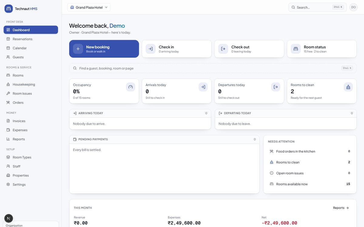 Technaut HMS — Hotel Management System interface