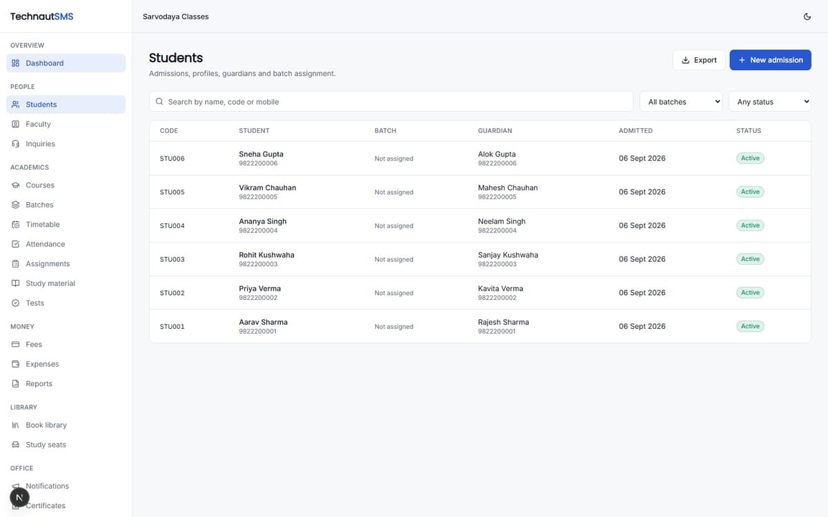 Technaut SMS — Coaching & Institute Platform interface
